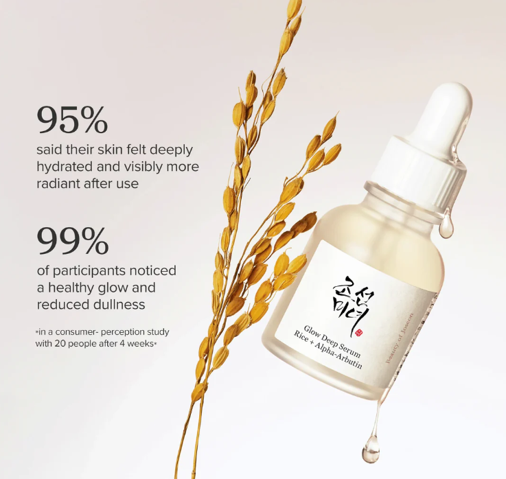 Skincare serum bottle with rice plant on a light background