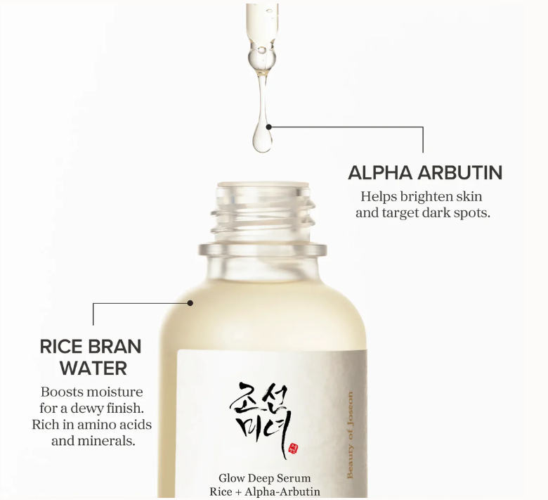 Glow Deep Serum bottle with dropper and text about ingredients on a white background